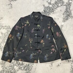 Ya Zheng Jacket Womens Large Black Floral Chinese Frog Closure Mandarin Collar